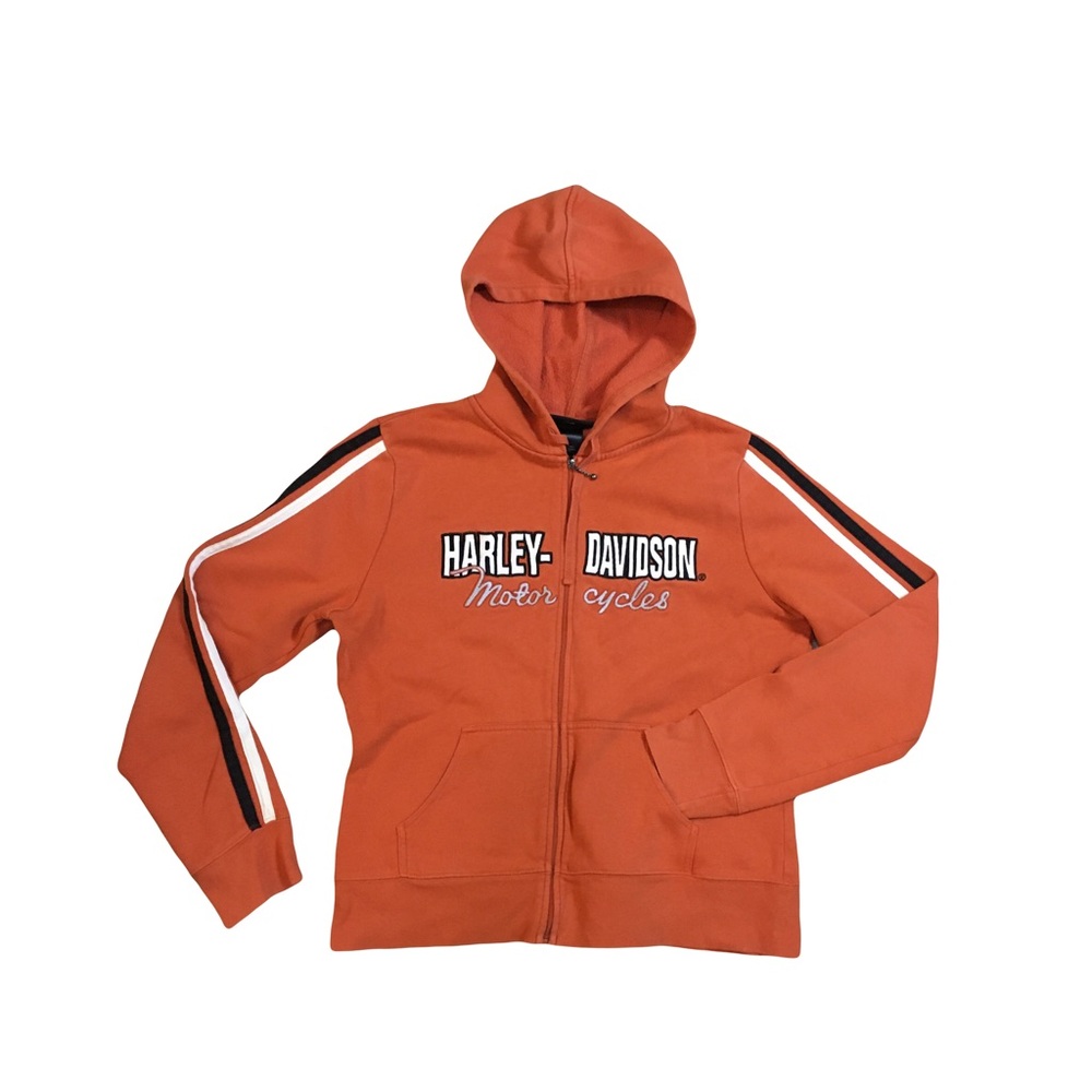 Harley Davidson XL kids orange zip hoodie 22” x 20” GUC